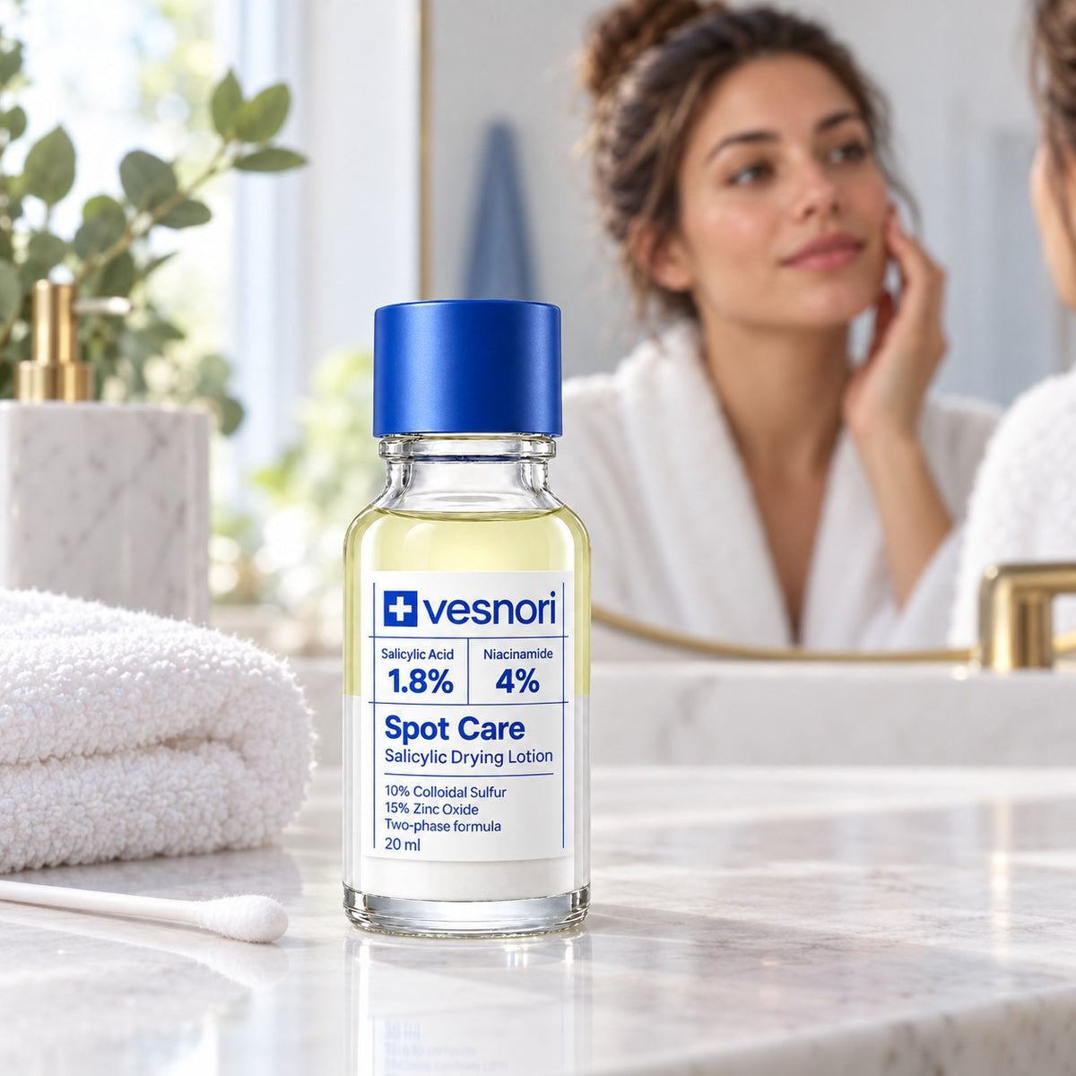 Vesnori Spot Care bottle on a bathroom vanity