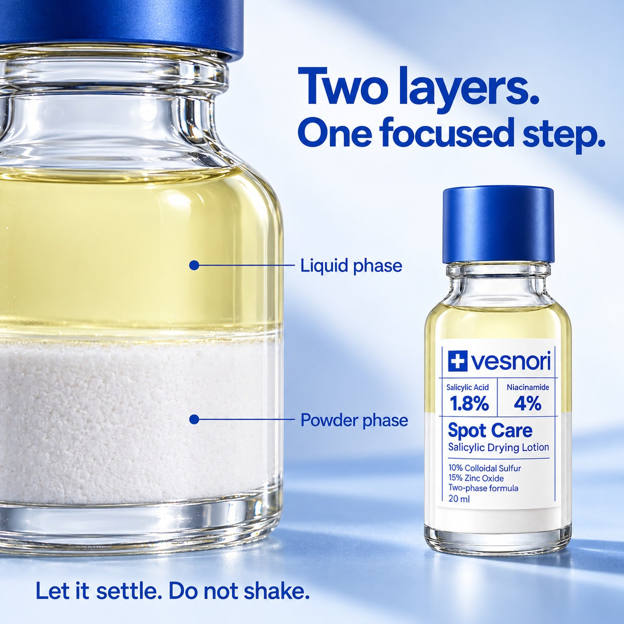 Separated liquid and powder layers. Let the bottle settle; do not shake